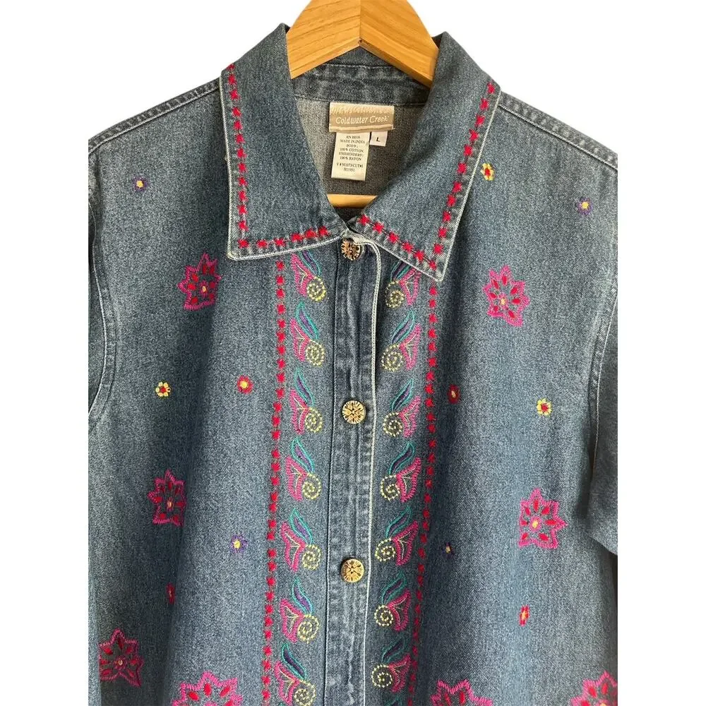 Vintage Coldwater Creek Size Large 100% Cotton‎ Boho Embroidered Denim Jacket